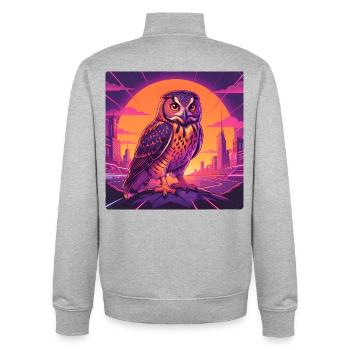 Neon owls in cyberpunk city light - Unisex Organic Zip Sweatshirt by Stanley/Stella - heather grey - Back - AI Model Male 185 light (185cm)