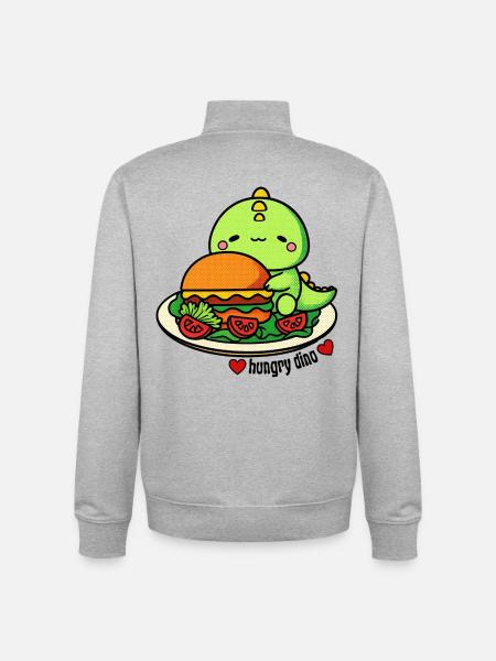 Hungry dinosaur with huge burger - Unisex Organic Zip Sweatshirt by Stanley/Stella - heather grey