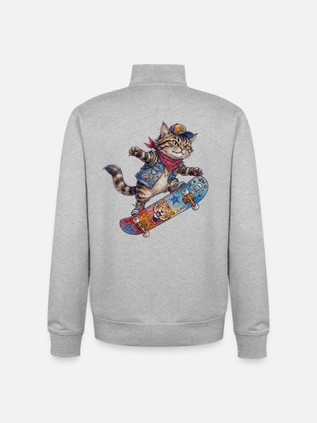 Cool Skater Cat Skateboard Design - Unisex Organic Zip Sweatshirt by Stanley/Stella - heather grey