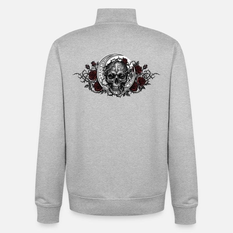 Gothic skull / skull, Moon, Red roses - Unisex Organic Zip Sweatshirt by Stanley/Stella - heather grey