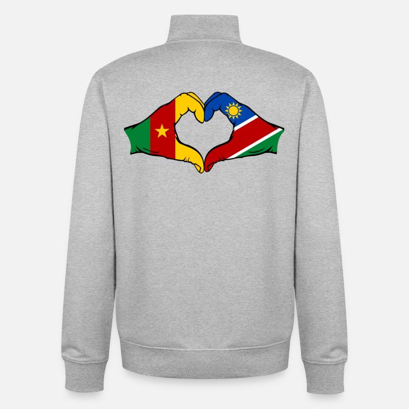 Kemerun, Namibia, Flag, Hands, Heart Shape - Unisex Organic Zip Sweatshirt by Stanley/Stella - heather grey