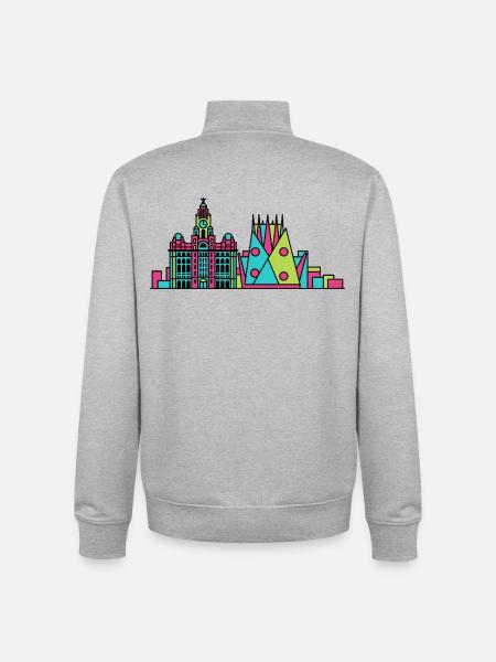 Arte dell'edificio Royal Liver Skyline della città di Liverpool - Felpa unisex con zip in cotone biologico di Stanley/Stella - grigio melange