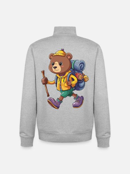 Cute Bear Hiking Camping Adventure Backpacker - Unisex Organic Zip Sweatshirt by Stanley/Stella - heather grey