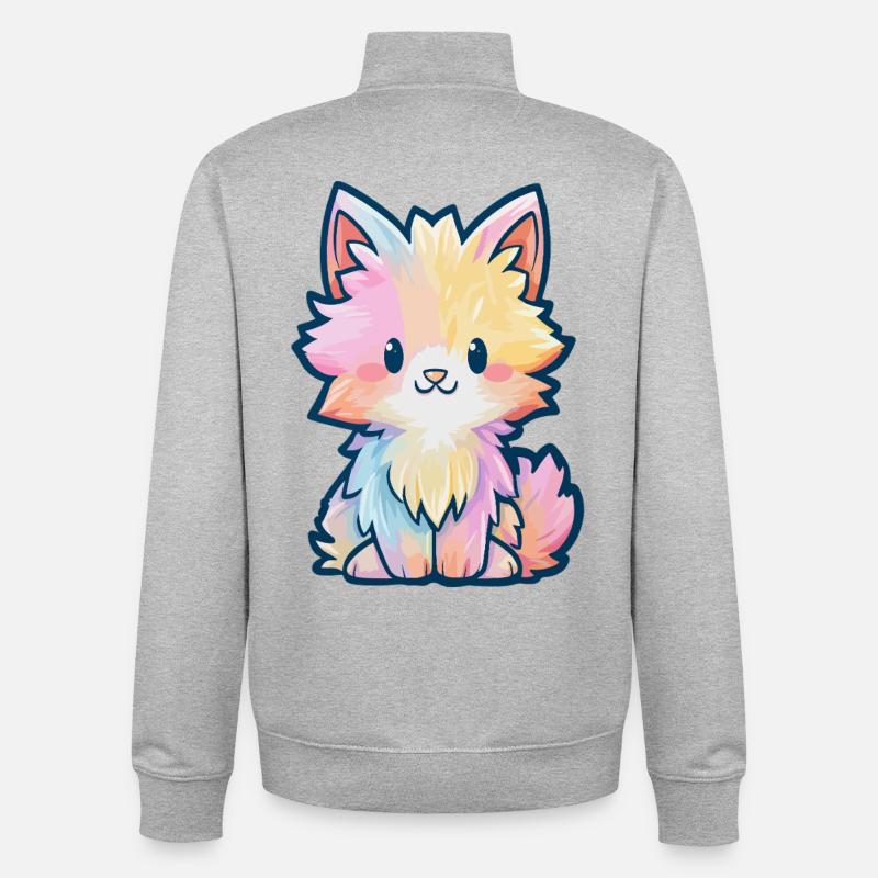 Chaton Fluff Arc-en-ciel Pastel - Sweat zippé unisexe en coton bio Stanley/Stella - gris chiné