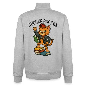 Punk-Katze: Bücher rocken! - Unisex Organic Zip Sweatshirt von Stanley/Stella - Grau meliert - Hinten - AI Model Male 185 light (185cm)