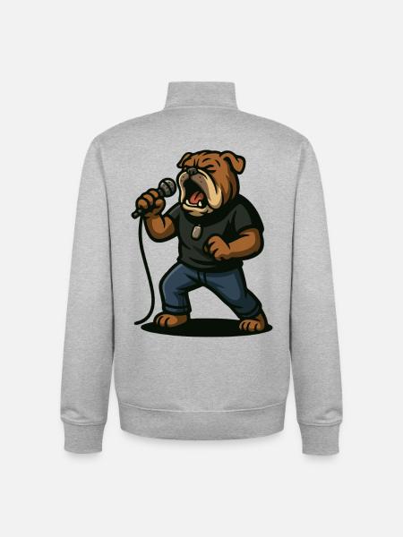 Rock Singer Bulldog with Microphone Art - Unisex Organic Zip Sweatshirt by Stanley/Stella - heather grey