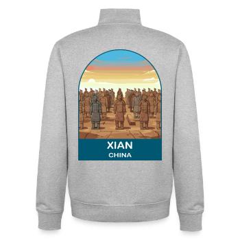 Art d’affiche de voyage vintage Xian China - Sweat zippé unisexe en coton bio Stanley/Stella - gris chiné - Dos - AI Model Male 185 light (185cm)