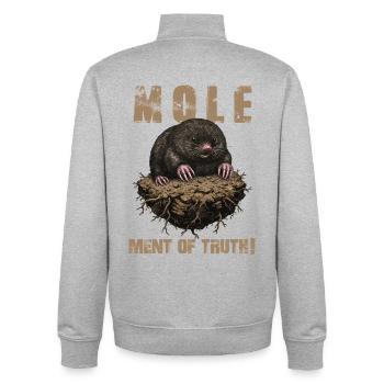 Humour Taupe Molement of Truth - Sweat zippé unisexe en coton bio Stanley/Stella - gris chiné - Dos - AI Model Male 185 light (185cm)