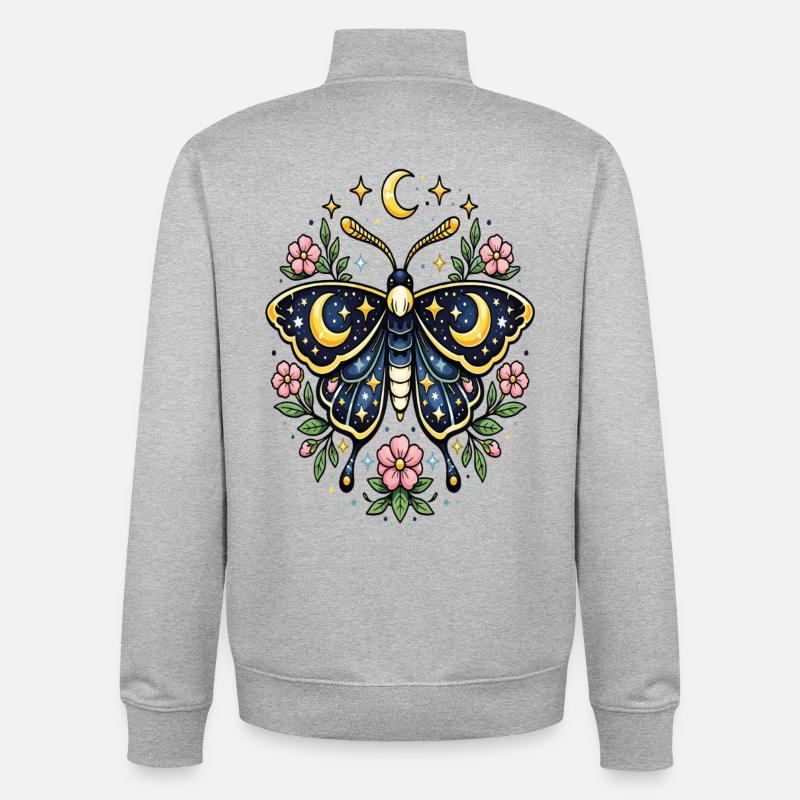 Papillon céleste lune fleurs étoiles - Sweat zippé unisexe en coton bio Stanley/Stella - gris chiné