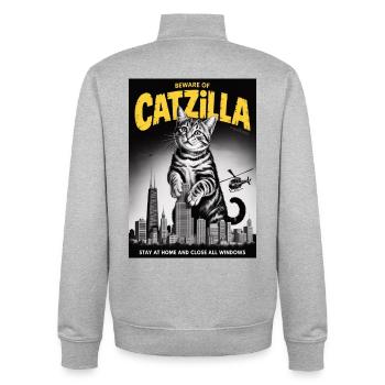 Catzilla über der Skyline der Stadt - Unisex Organic Zip Sweatshirt von Stanley/Stella - Grau meliert - Hinten - AI Model Male 185 light (185cm)