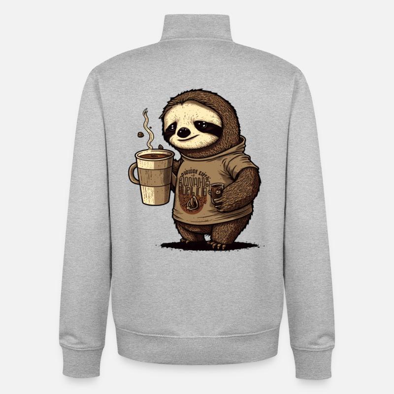 tired sloth with huge coffee mug - Unisex Organic Zip Sweatshirt by Stanley/Stella - heather grey