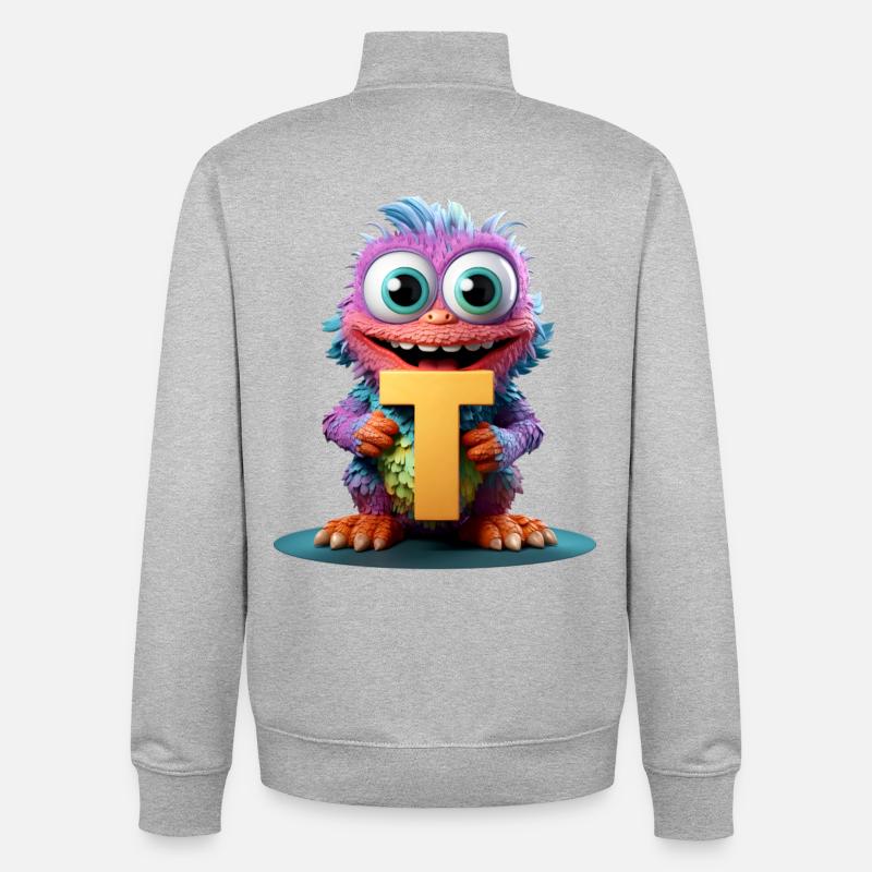 Buntes Monster mit Buchstabe T - Unisex Organic Zip Sweatshirt von Stanley/Stella - Grau meliert