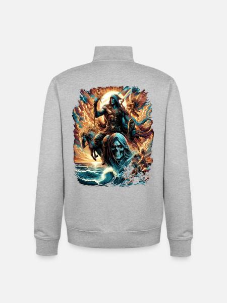 Mythical Warrior & Skull - Fantasy Graphics - Unisex Organic Zip Sweatshirt by Stanley/Stella - heather grey