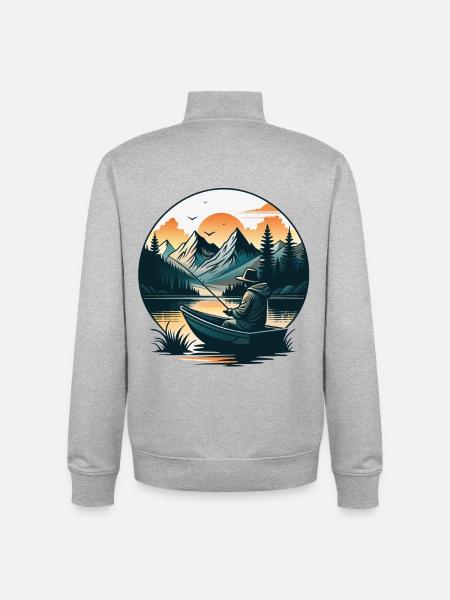 Serene Mountain Lake Fisherman Scene - Unisex Organic Zip Sweatshirt by Stanley/Stella - heather grey
