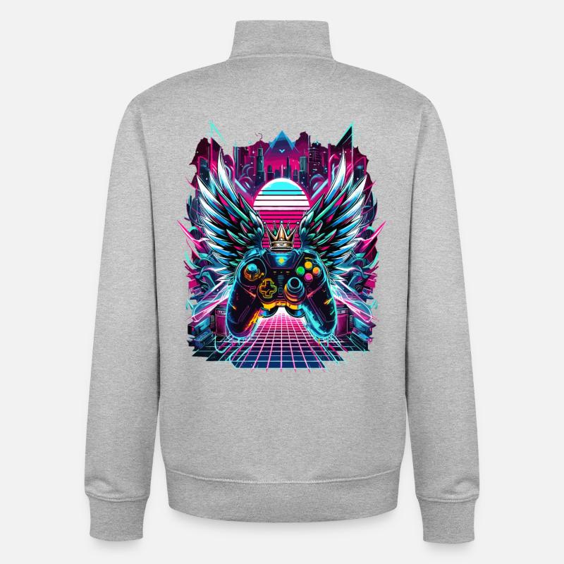 Manette Synthwave Sunset Gamer - Sweat zippé unisexe en coton bio Stanley/Stella - gris chiné