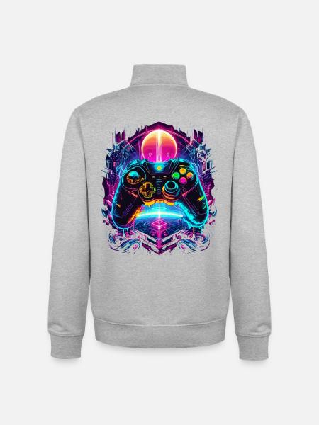 Vibrant Cyberpunk Retro Gaming Controller - Unisex Organic Zip Sweatshirt by Stanley/Stella - heather grey