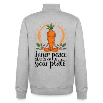 La paix intérieure commence dans votre assiette - Sweat zippé unisexe en coton bio Stanley/Stella - gris chiné - Dos - AI Model Male 185 light (185cm)