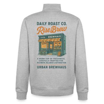 Rise & Brew Design de café urbain - Sweat zippé unisexe en coton bio Stanley/Stella - gris chiné - Dos - AI Model Male 185 light (185cm)