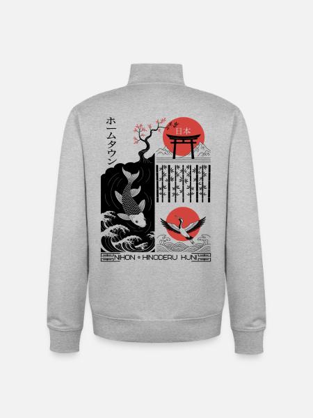 Crane, Koi - Japan - Unisex Organic Zip Sweatshirt by Stanley/Stella - heather grey