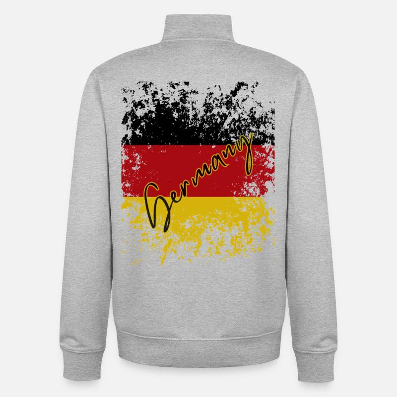 Drapeau allemand grunge, j’adore l’Allemagne - Sweat zippé unisexe en coton bio Stanley/Stella - gris chiné