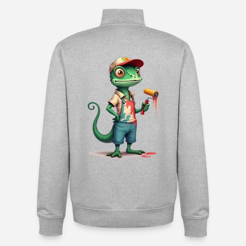 Chameleon painter cartoon with paint roller - Unisex Organic Zip Sweatshirt by Stanley/Stella - heather grey