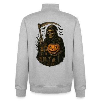 Gruseliger Kürbiskopf und Sensenmann - Unisex Organic Zip Sweatshirt von Stanley/Stella - Grau meliert - Hinten - AI Model Male 185 light (185cm)