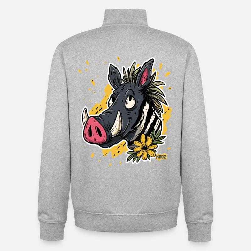 Dessin animé Warthog Fleur de zèbre - Sweat zippé unisexe en coton bio Stanley/Stella - gris chiné