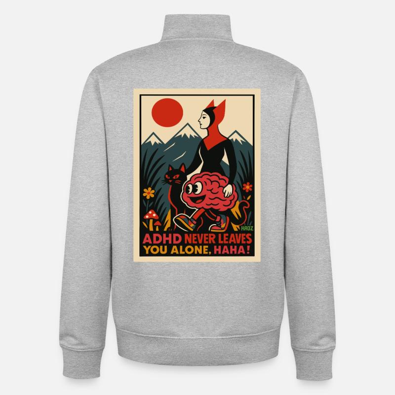 Brain Cat Adventure in Mountain Sunset - Unisex Organic Zip Sweatshirt by Stanley/Stella - heather grey