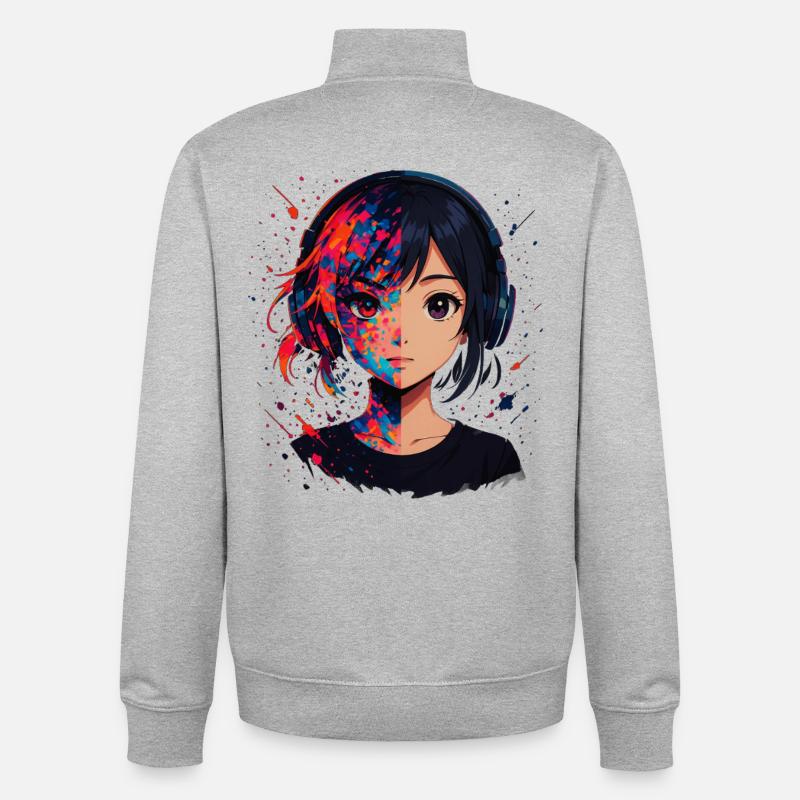Portrait d’anime en argent de couleur avec casque - Sweat zippé unisexe en coton bio Stanley/Stella - gris chiné