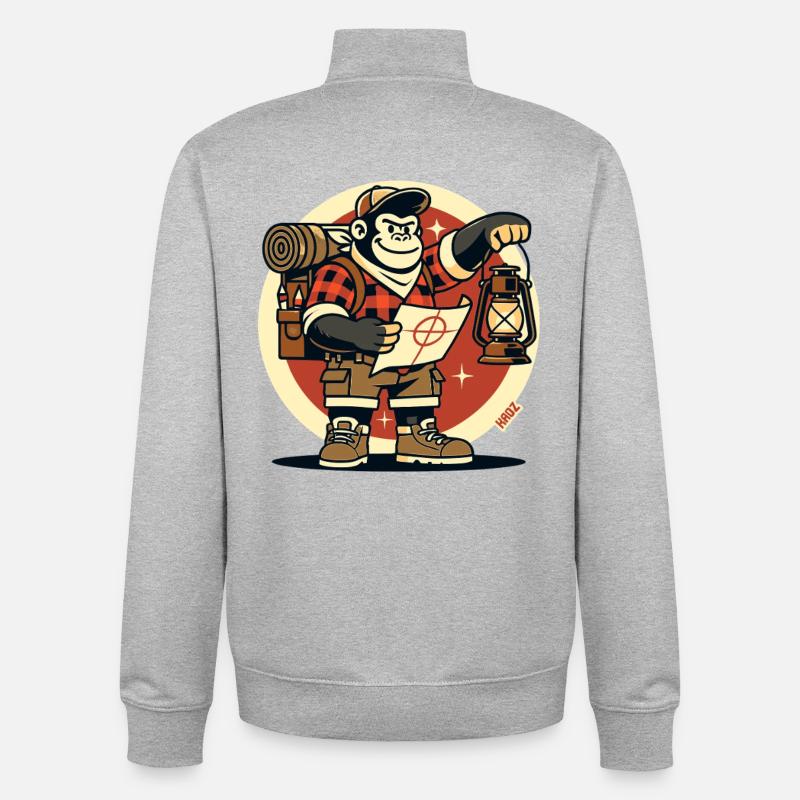Jungle Camping Gorilla with Map - Unisex Organic Zip Sweatshirt by Stanley/Stella - heather grey