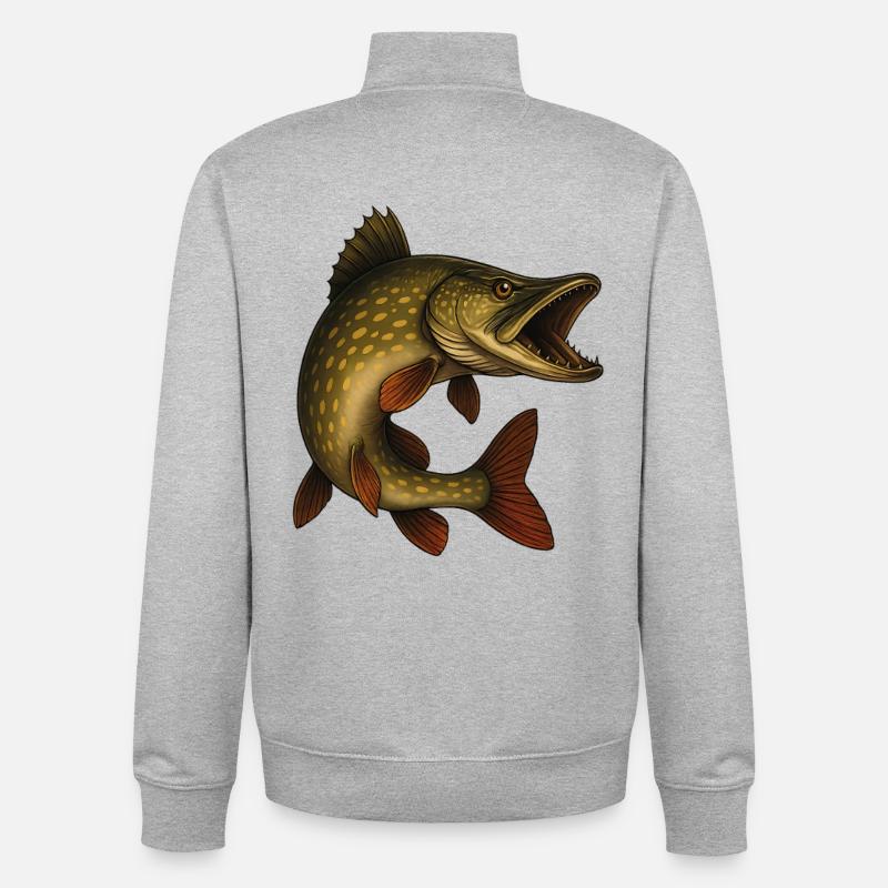 Illustration de poisson brochet majestueux - Sweat zippé unisexe en coton bio Stanley/Stella - gris chiné