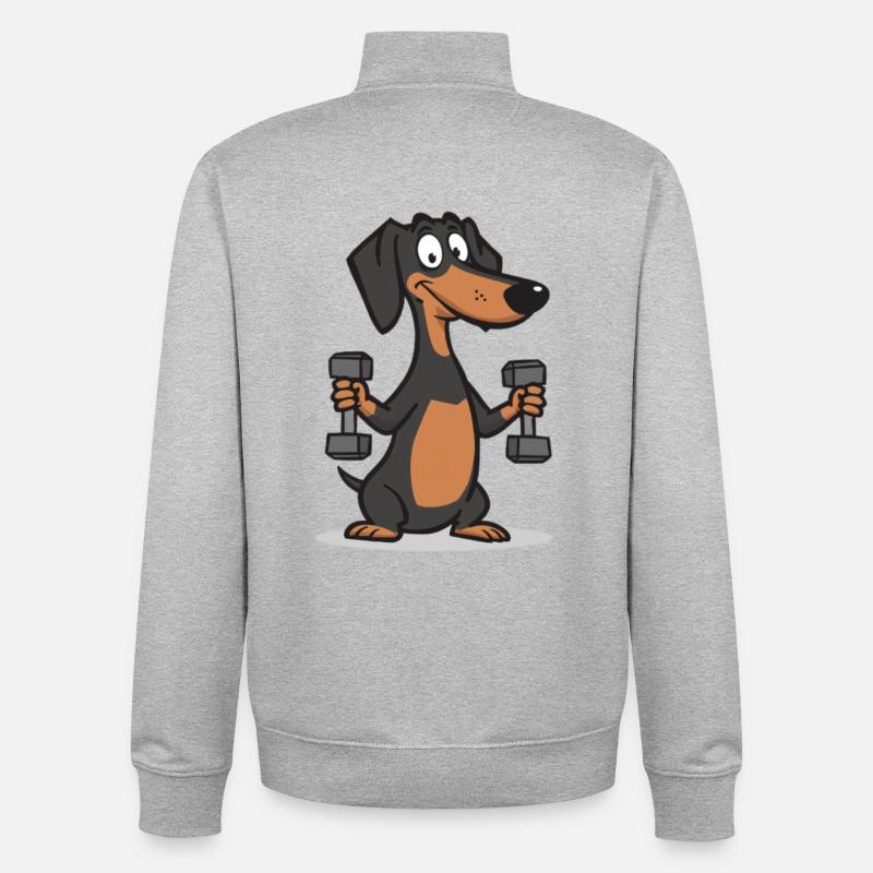 Dessin animé de musculation teckel - Sweat zippé unisexe en coton bio Stanley/Stella - gris chiné