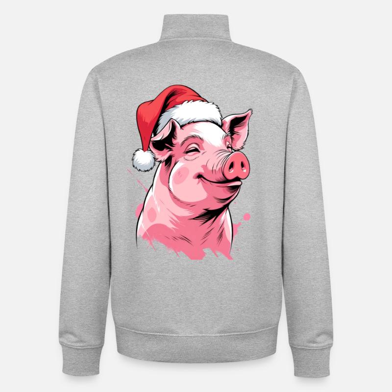 Cochon de Noël festif avec chapeau - Sweat zippé unisexe en coton bio Stanley/Stella - gris chiné