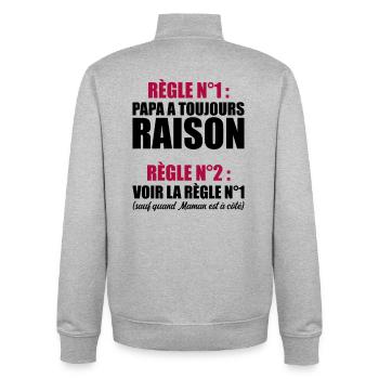 Humour Papa Maman Règles Cadeau - Sweat zippé unisexe en coton bio Stanley/Stella - gris chiné - Dos - AI Model Male 185 light (185cm)