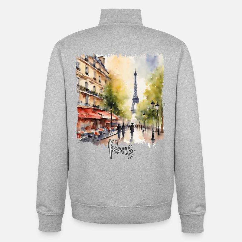 Paris Aquarelle, j’aime Paris - Sweat zippé unisexe en coton bio Stanley/Stella - gris chiné