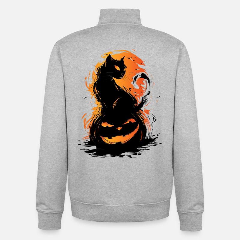 Chat effrayant noir citrouille Halloween Design - Sweat zippé unisexe en coton bio Stanley/Stella - gris chiné