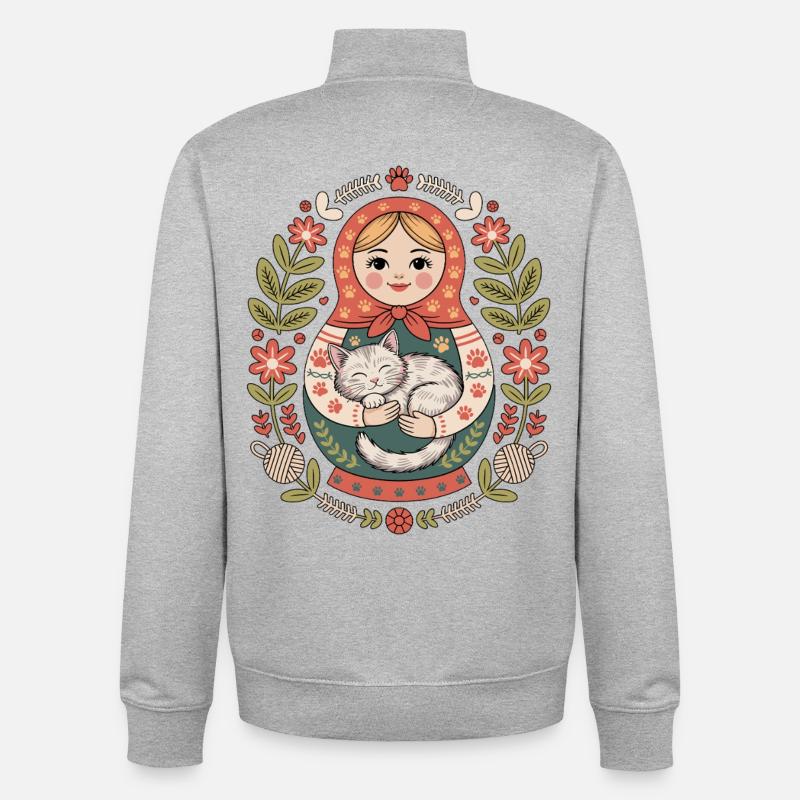 Matroschka Katze mit Blumengruß - Unisex Organic Zip Sweatshirt von Stanley/Stella - Grau meliert