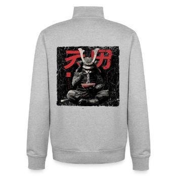 Samurai Cat Ramen Japon Streetwear Design - Sweat zippé unisexe en coton bio Stanley/Stella - gris chiné - Dos - AI Model Male 185 light (185cm)