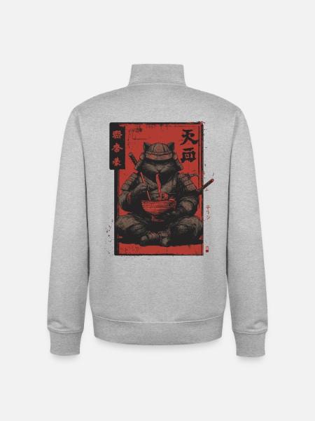 Samurai Cat Ramen Japan Streetwear Design - Unisex Organic Zip Sweatshirt by Stanley/Stella - heather grey