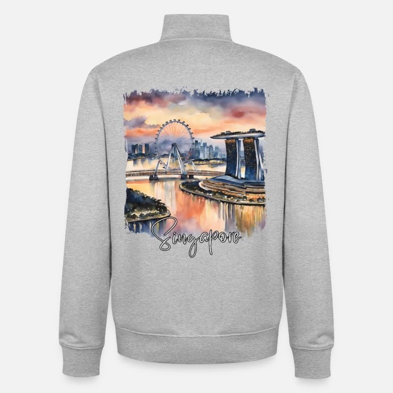 Aquarelle de Singapour, j’adore Singapour - Sweat zippé unisexe en coton bio Stanley/Stella - gris chiné