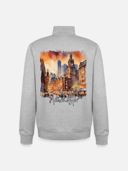 Manchester Watercolour, Manchester England - Unisex Organic Zip Sweatshirt by Stanley/Stella - heather grey