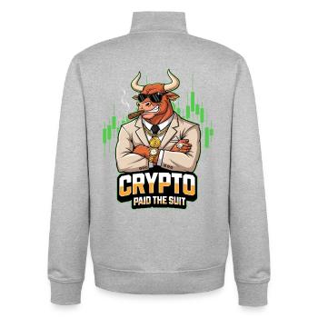 Bull in a Suit – Crypto Paid The Suit - Unisex Organic Zip Sweatshirt by Stanley/Stella - heather grey - Back - AI Model Male 185 light (185cm)