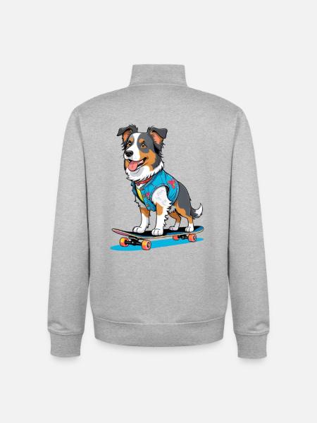 Skateboard dog in jeans vest - Unisex Organic Zip Sweatshirt by Stanley/Stella - heather grey