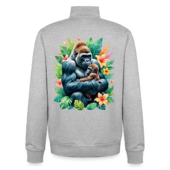 Gorilla Family Love in Tropical Foliage - Unisex Organic Zip Sweatshirt by Stanley/Stella - heather grey - Back - AI Model Male 185 light (185cm)