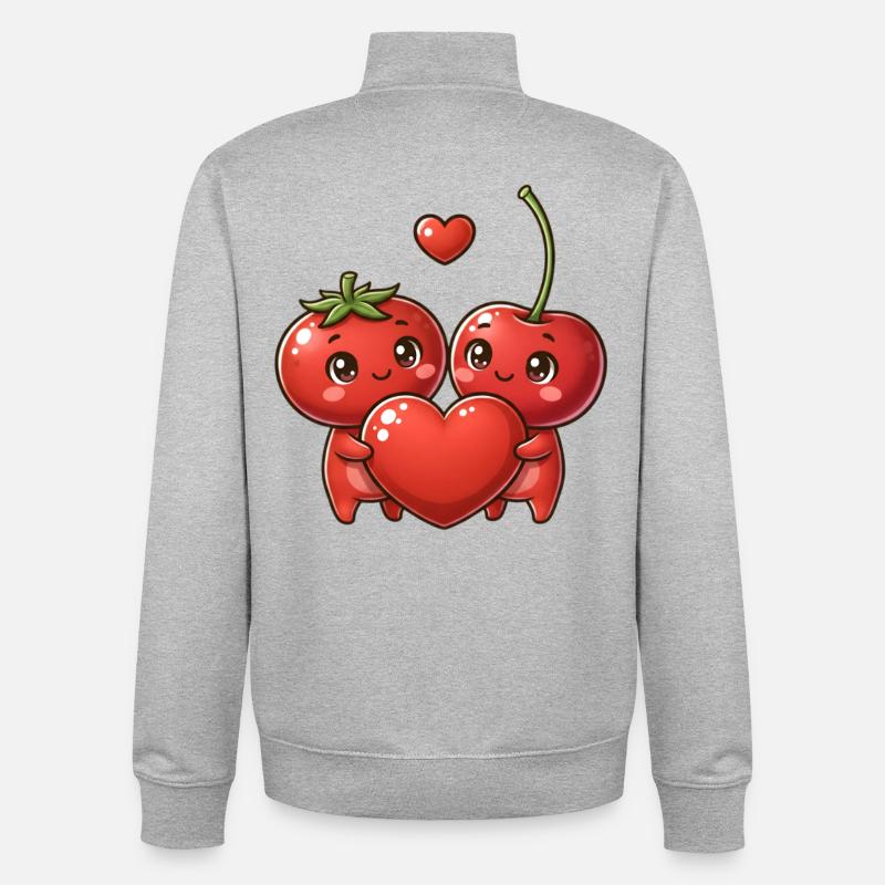 Cerises coeurs enlacés kawaii - Sweat zippé unisexe en coton bio Stanley/Stella - gris chiné