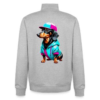 Dackel im Hoodie und Cap - Unisex Organic Zip Sweatshirt von Stanley/Stella - Grau meliert - Hinten - AI Model Male 185 light (185cm)