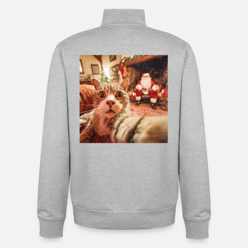 Katze Selfie mit Weihnachtsmann - Unisex Organic Zip Sweatshirt von Stanley/Stella - Grau meliert