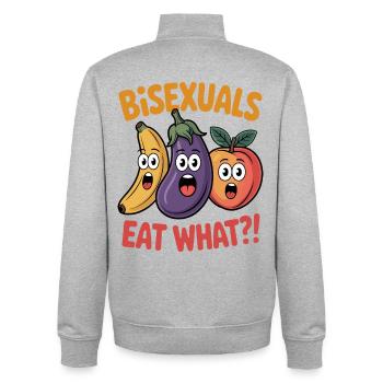 Les bisexuels mangent quoi ?! Thé aux fruits - Sweat zippé unisexe en coton bio Stanley/Stella - gris chiné - Dos - AI Model Male 185 light (185cm)