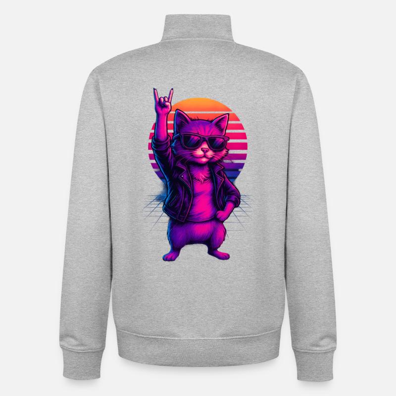Synthwave Chat Chat Retro Sunset - Sweat zippé unisexe en coton bio Stanley/Stella - gris chiné