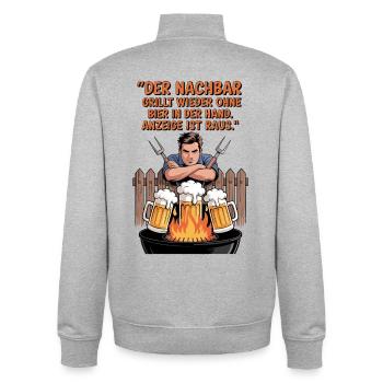 Grill Spruchmotiv Bier und Nachbarschaft - Unisex Organic Zip Sweatshirt von Stanley/Stella - Grau meliert - Hinten - AI Model Male 185 light (185cm)